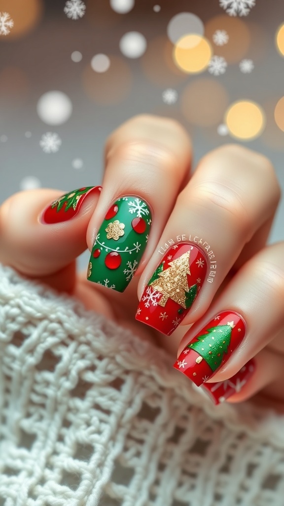 Christmas Nail Art Ideas for Size 2 Festive Christmas nail art on size 2 nails with red and green designs, snowflakes, and glitter.